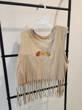 La Luna Beige Fringe Crop Tank